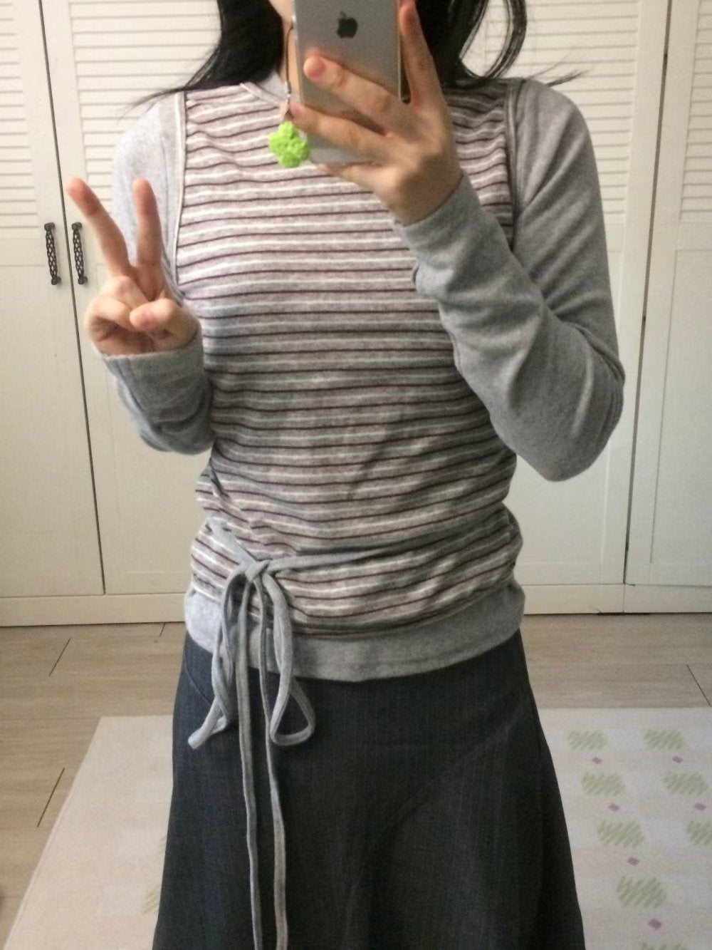 Striped Fake Two Piece Long Sleeve Tie Tee