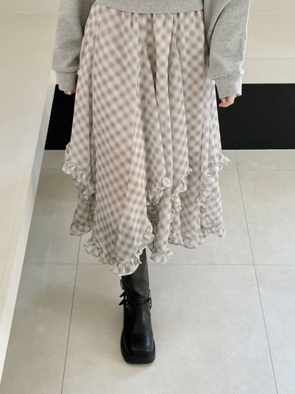 High End Chiffon Check Cross Layered Cancan Skirt