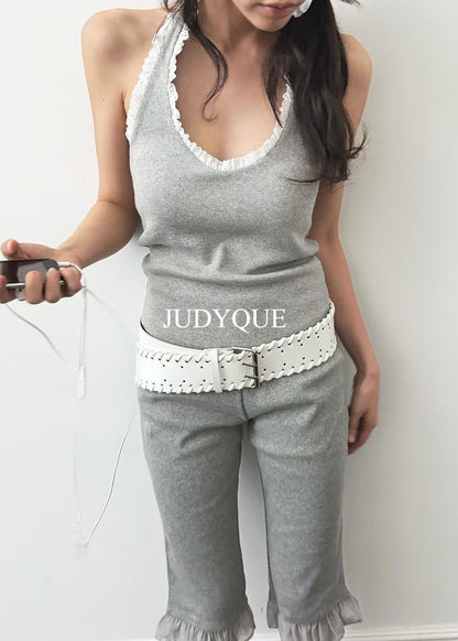 High End Padded Trim Halter Knit Tank Top