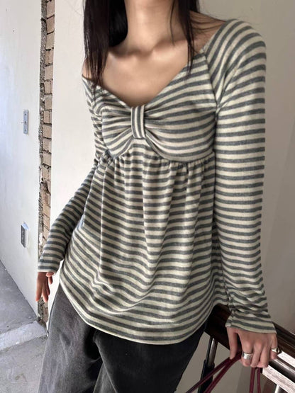 (DEC NEW) Ribbon Chest Design Off Shoulder Striped Top