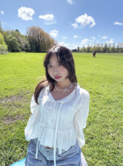 Ruffle Hem Long Sleeve Blouse with Ties