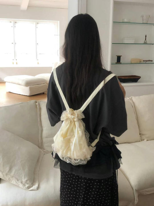 (Preorder) Princess Bag Lace Frill Ribbon Backpack (Beige)