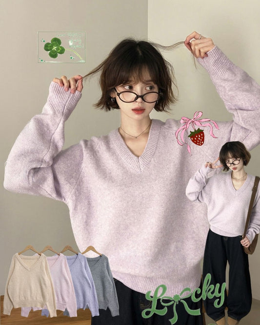 V neck Wool Blend Spring knitwear