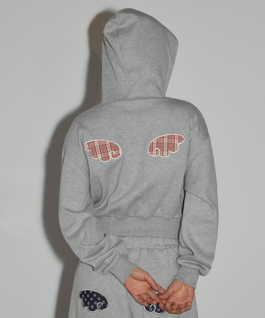 [SLEEKGLOW]Angel Patch Crop Zip-Up Hoodie [Gray]