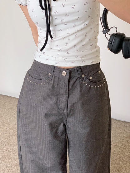 Metal Herringbone Loose Wide Jeans (Gray)