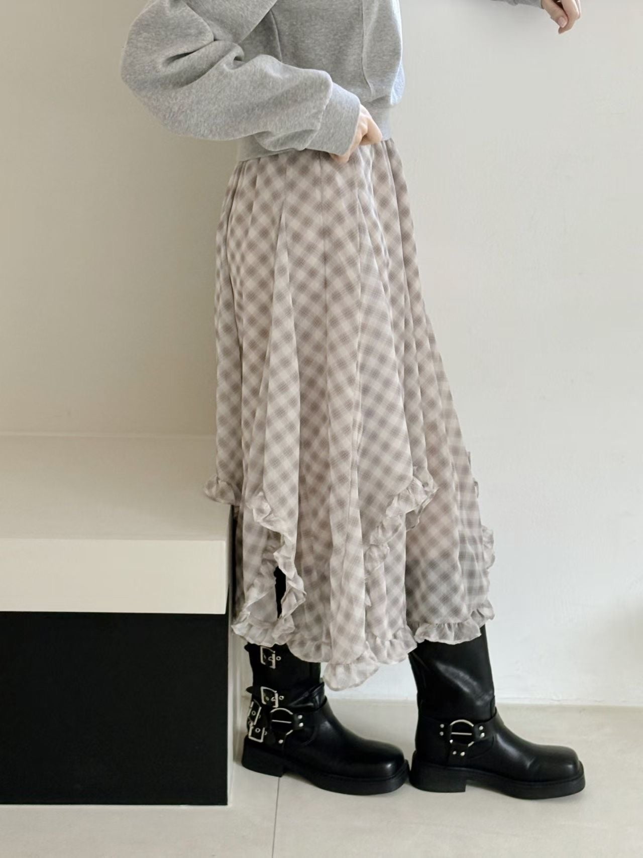 High End Chiffon Check Cross Layered Cancan Skirt
