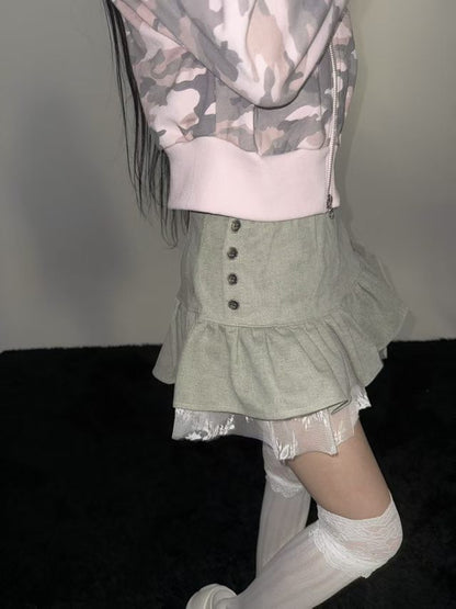 Lace Hem Trim Button Detail Mini Skirt (2 Colours)