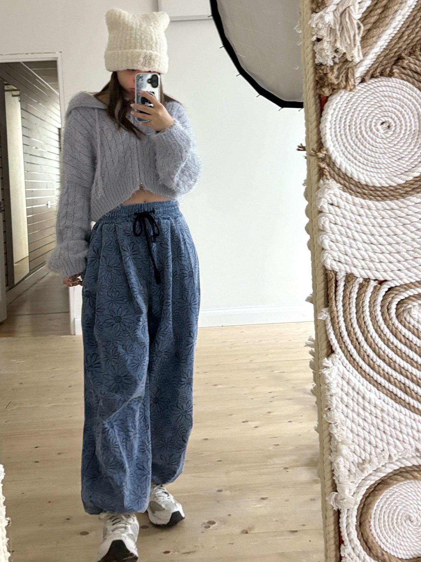 Unisex Floral pigment print loose-fit cotton one size pants