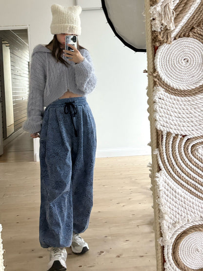 Unisex Floral pigment print loose-fit cotton one size pants