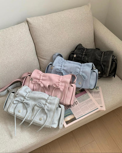 Pink Designer Brand Ribbon Leather Shoulder Bag (Large/Mini)