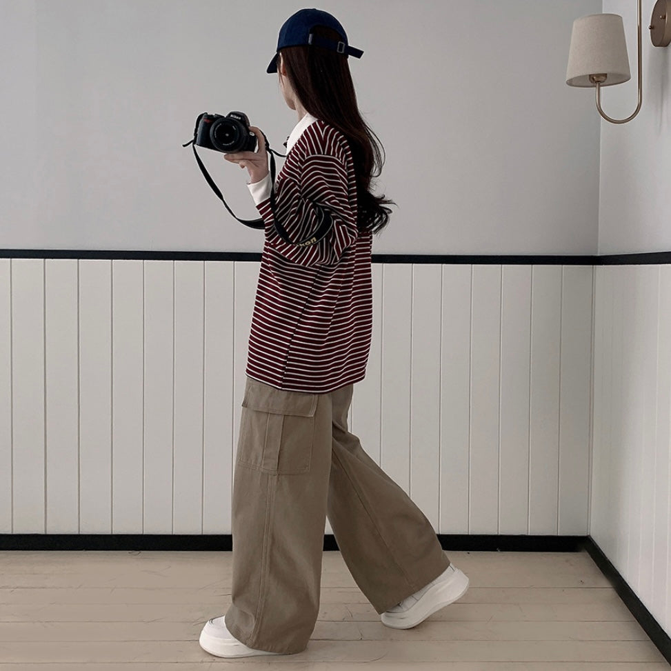 Collar striped long-sleeve top