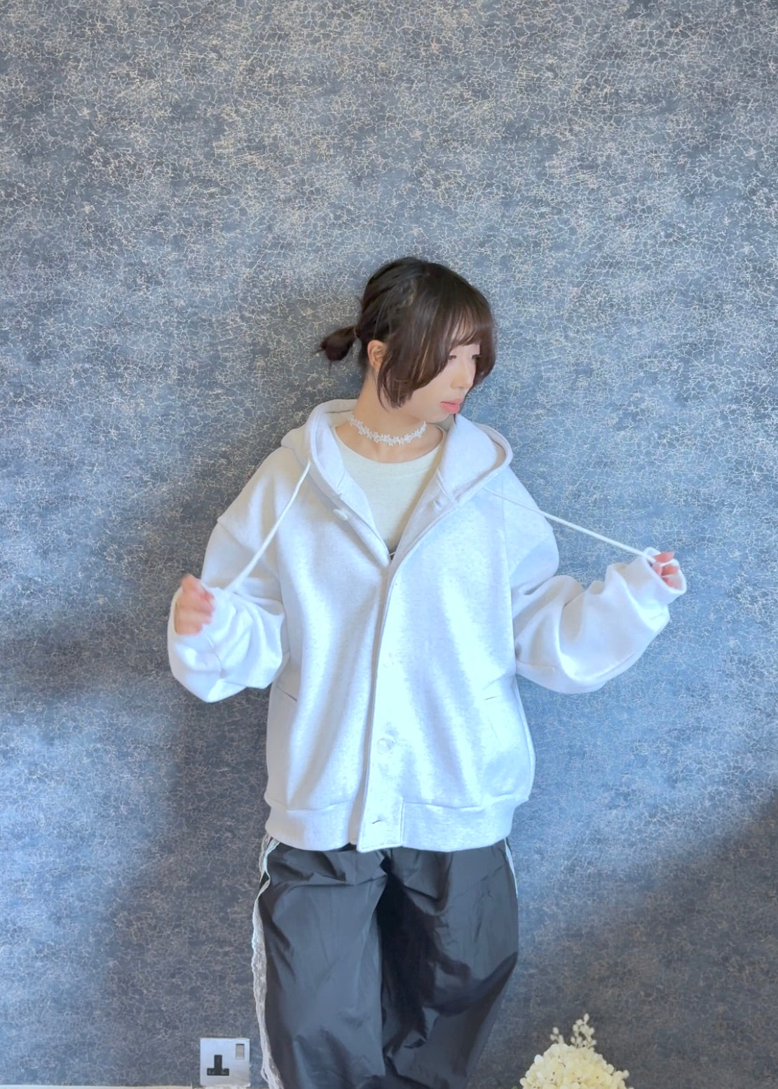 Oversized Double-Knit Button Hood Zip-Up (Navy White Preorder)