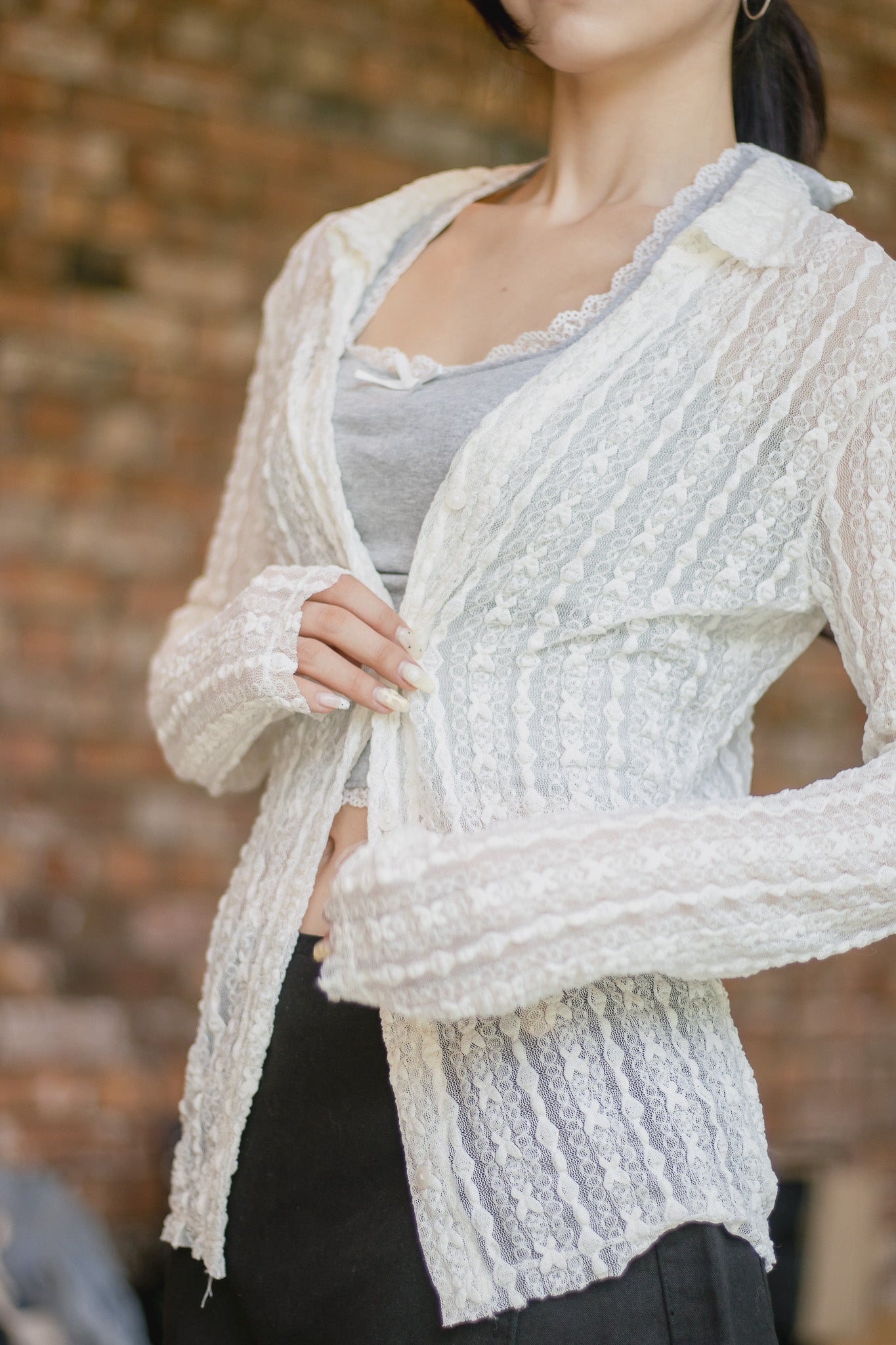 Angelique Sheer Lace Cardigan Top 4 Season (Ivory)