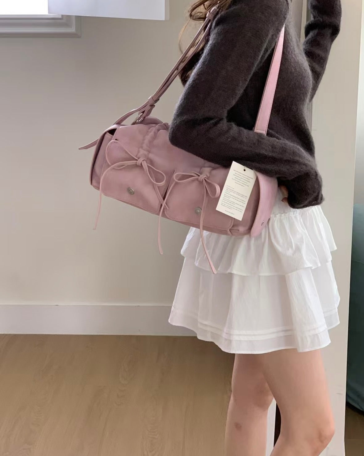 Pink Designer Brand Ribbon Leather Shoulder Bag (Large/Mini)