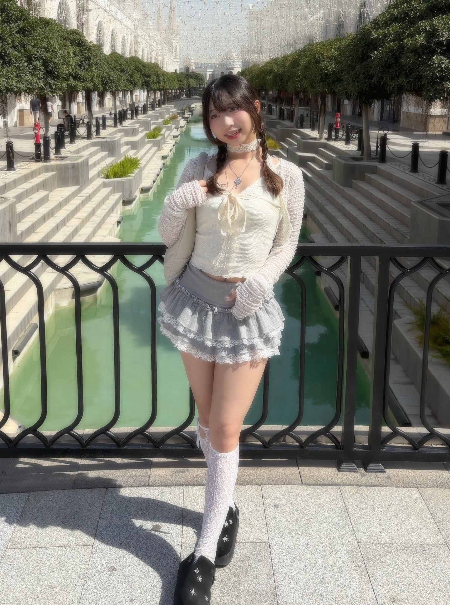 Premium Lace Layered Ruffle Mini Skirt with Bow details