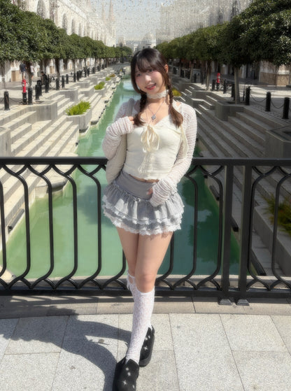 Premium Lace Layered Ruffle Mini Skirt with Bow details