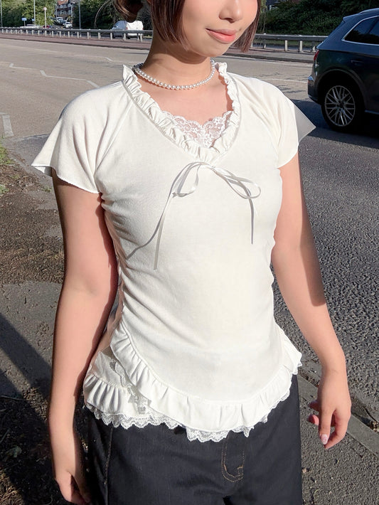 Elegant Balletcore Frill Lace Ribbon Top (White)