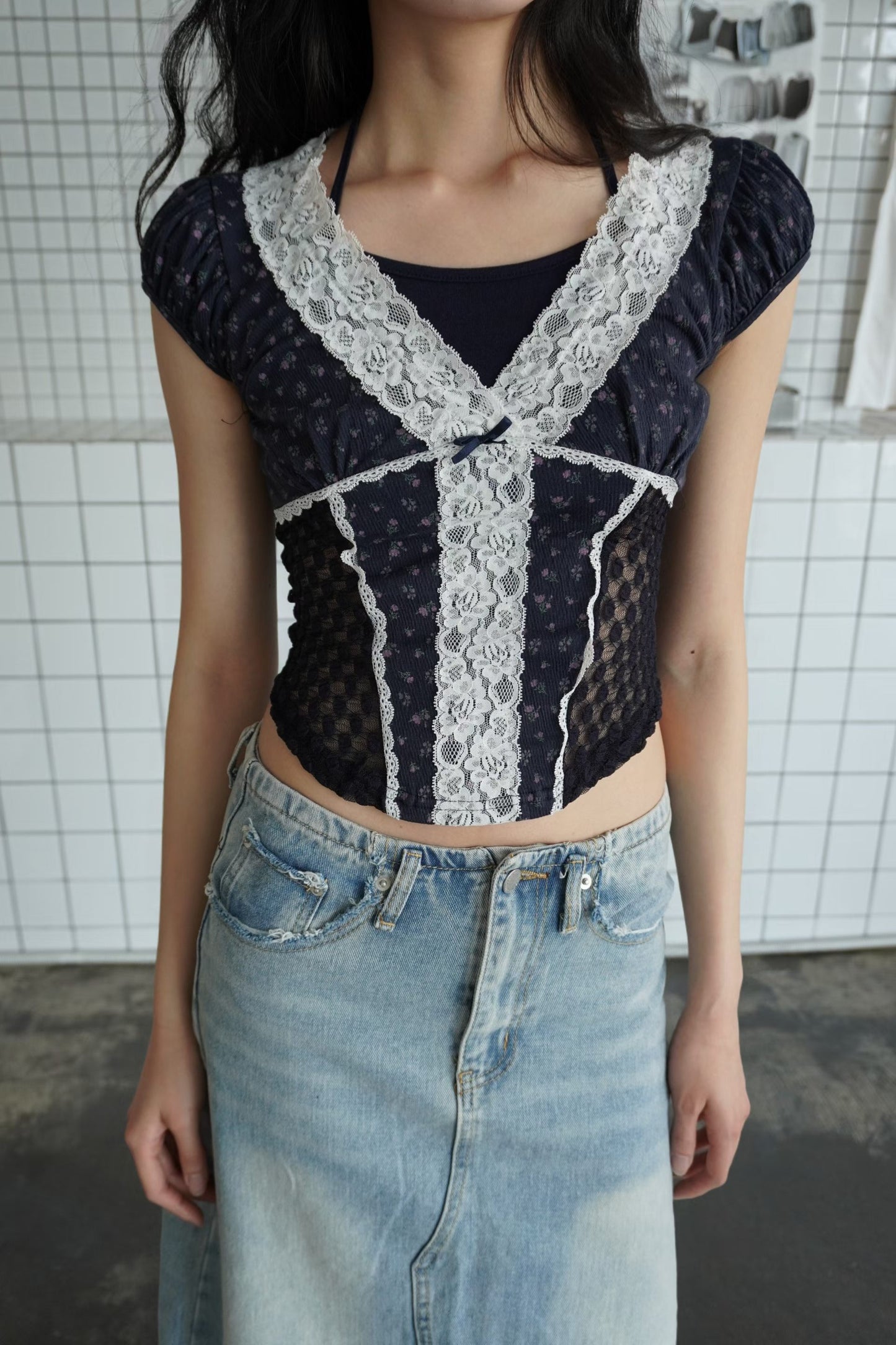 Fairycore Floral Lace Detail Panel Tee (Navy)