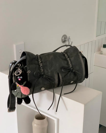 Black Designer Brand Ribbon Leather Shoulder Bag (Large/Mini)