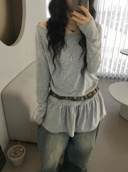 Soft Layered Long Sleeve Off-Shoulder Top (Grey)