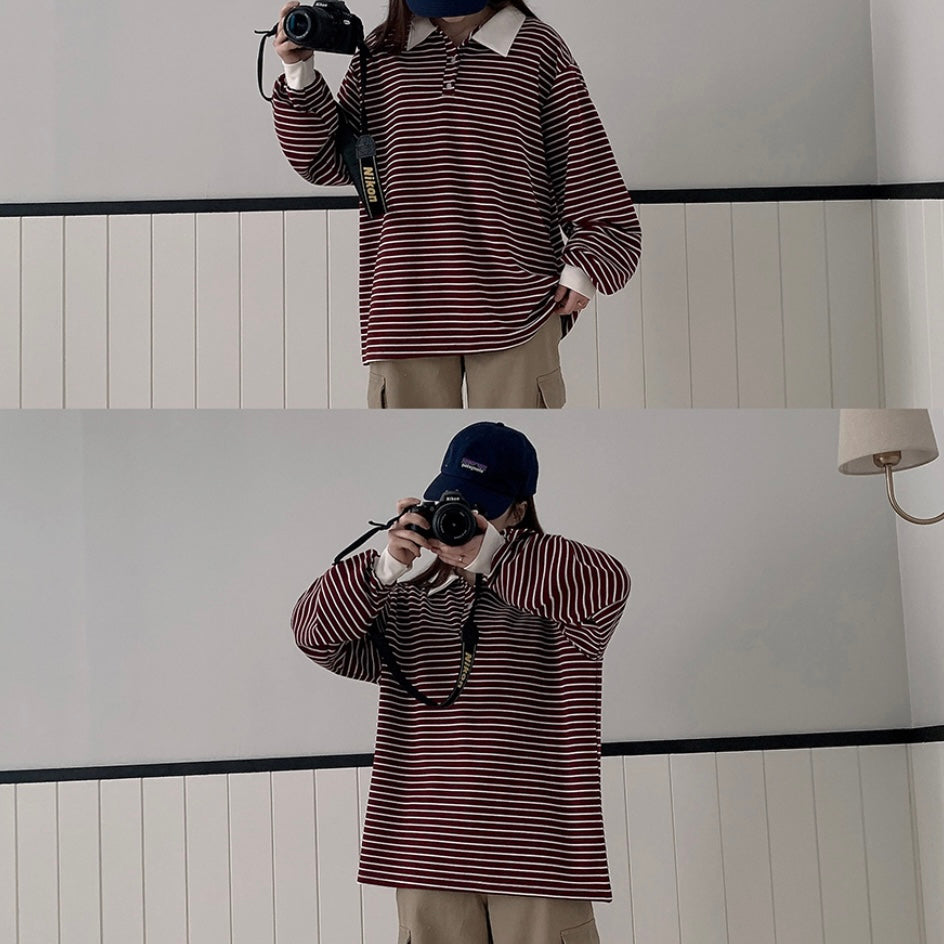 Collar striped long-sleeve top