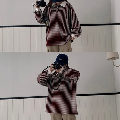 Collar striped long-sleeve top