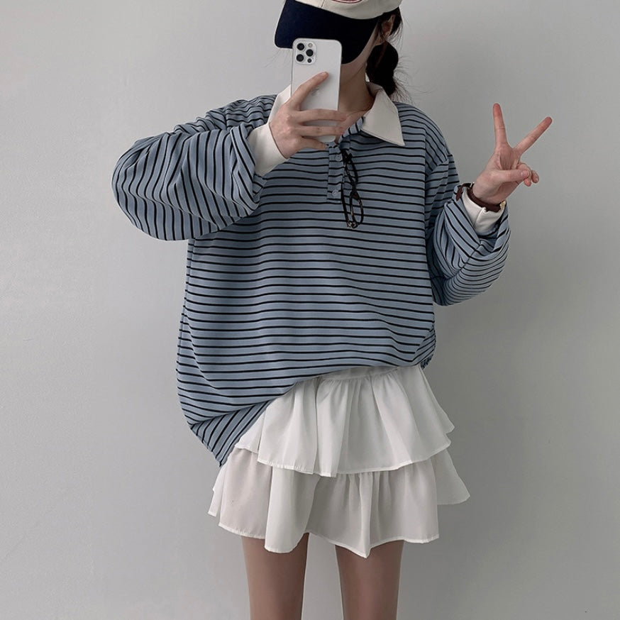 Collar striped long-sleeve top
