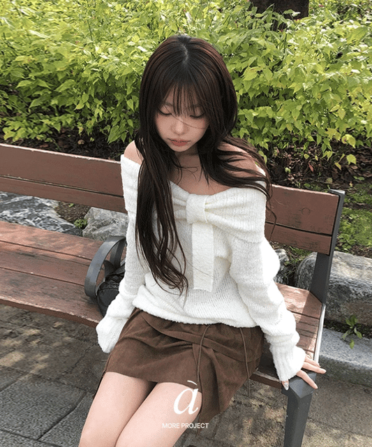 [anyonemore MADE] Bloom Ribbon Two Way Off Shoulder Loose Fit Knit (5Colours)