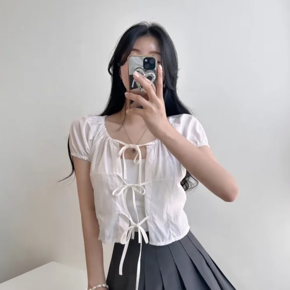 Ribbon Tie Front Puff Sleeve Blouse Cardigan (3Colours)
