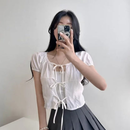 Ribbon Tie Front Puff Sleeve Blouse Cardigan (3Colours)