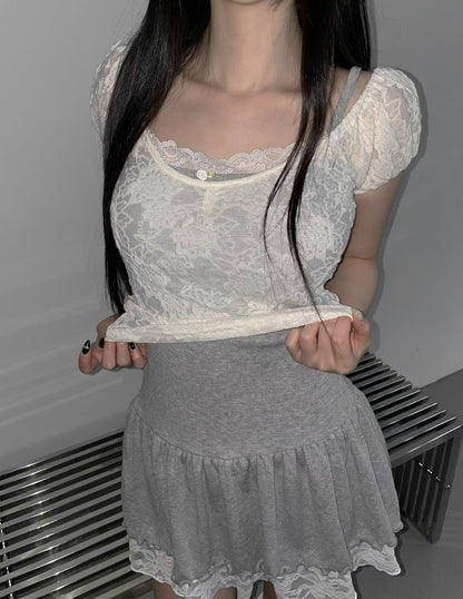 Sheer Lace Textured Puff Sleeve Blouse