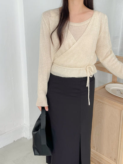 Knit Sleeveless Top and Cardigan Tie Set (Ivory)