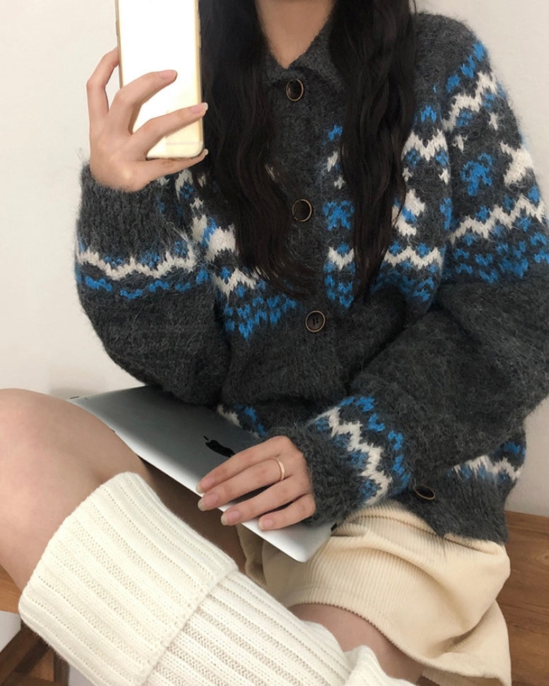 Nordic Rabbit Pattern Wool Knit Polo Cardigan