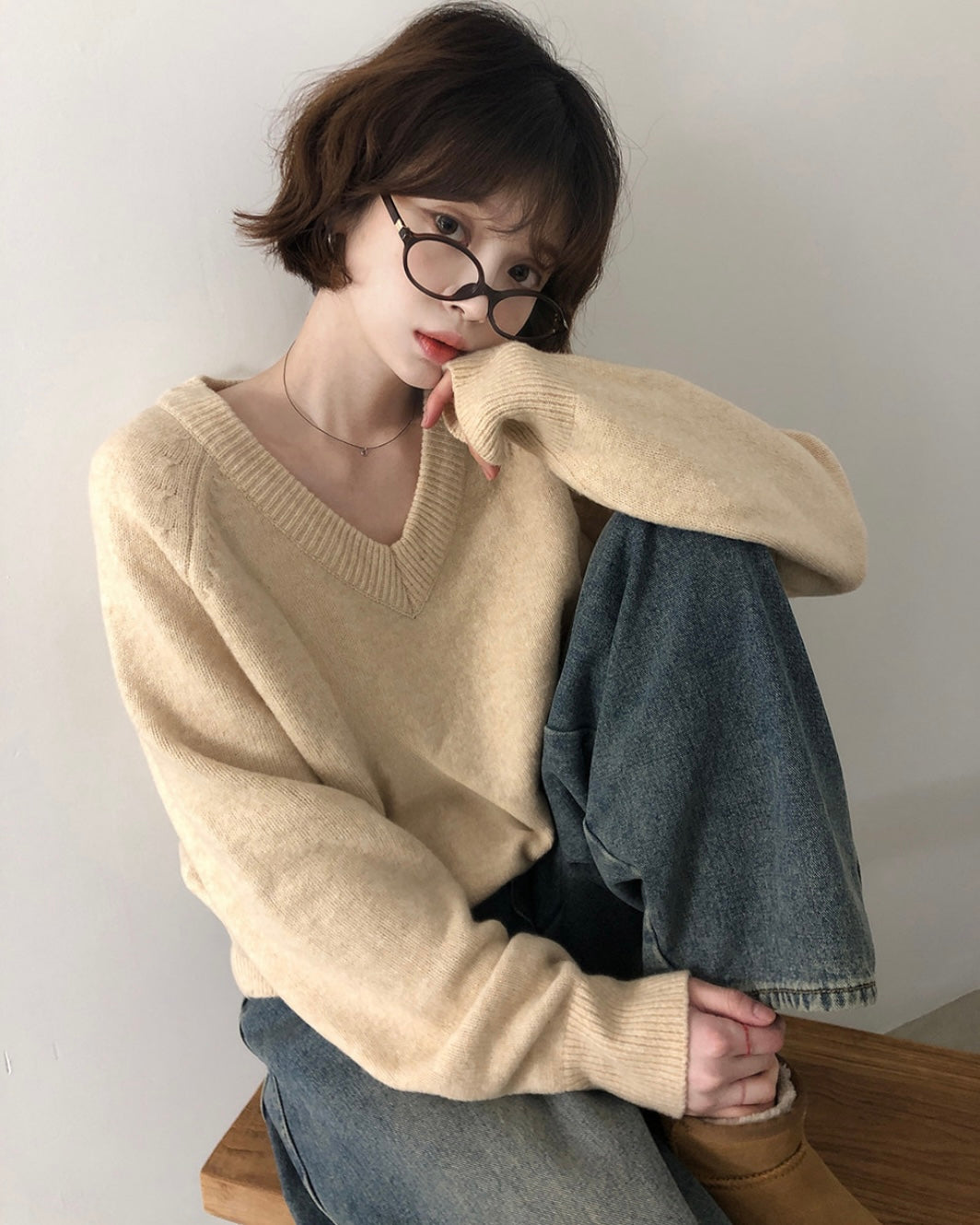 V neck Wool Blend Spring knitwear