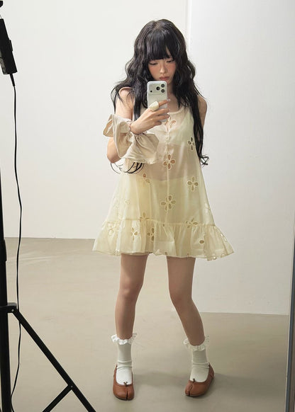 High End Sheer Floral Detail Ruffle Hem Dress Ops