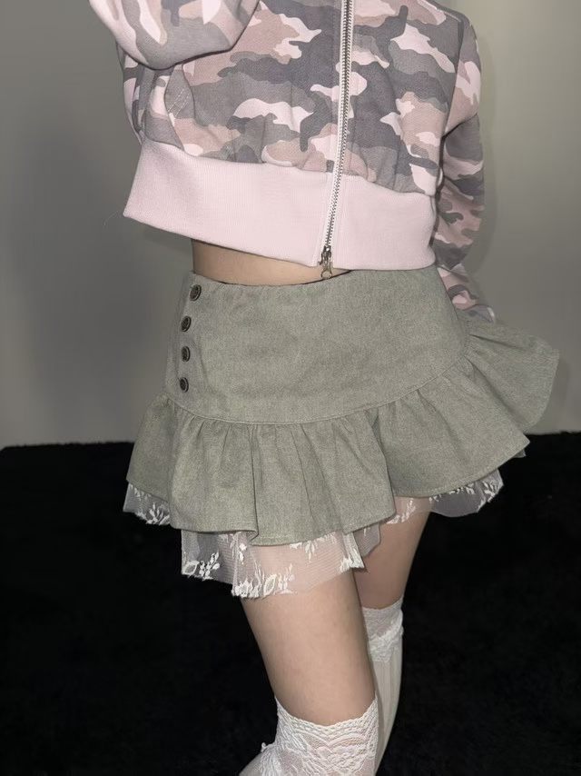 Lace Hem Trim Button Detail Mini Skirt (2 Colours)