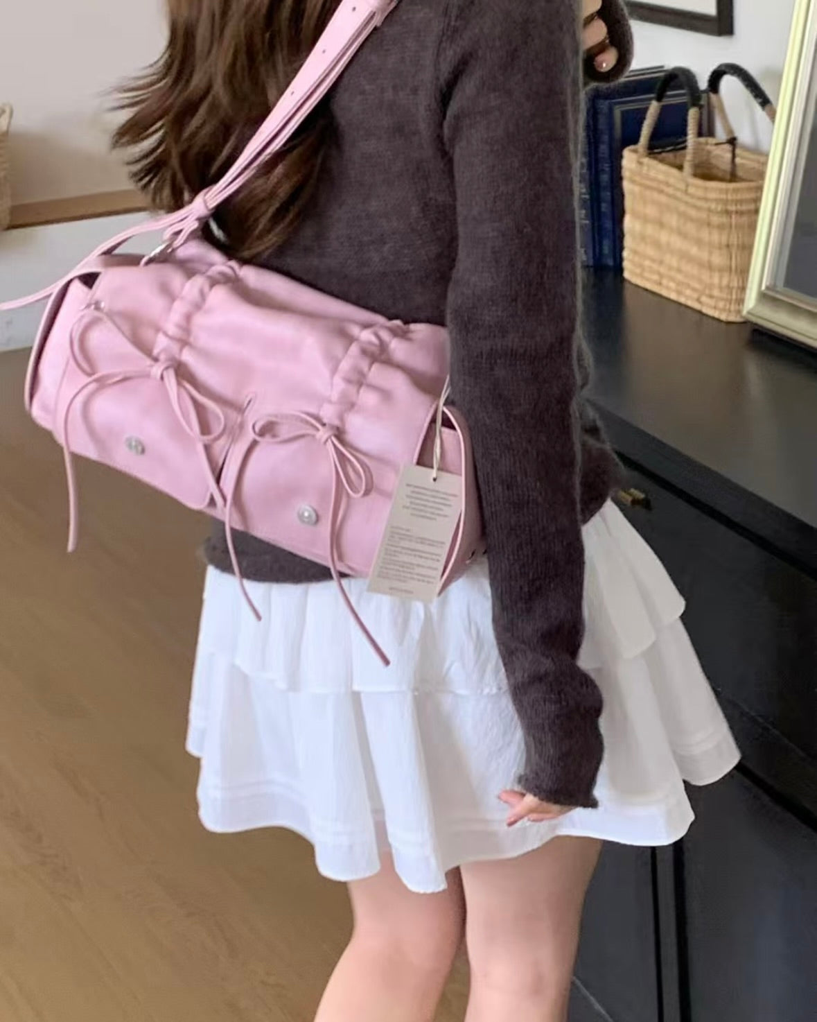 Pink Designer Brand Ribbon Leather Shoulder Bag (Large/Mini)