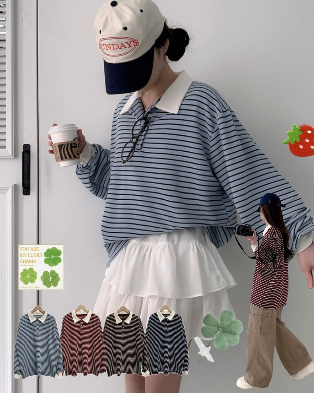 Collar striped long-sleeve top