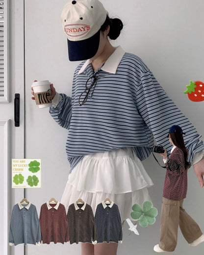 Collar striped long-sleeve top