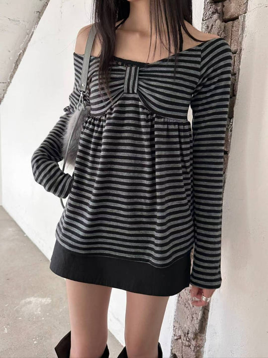 (DEC NEW) Ribbon Chest Design Off Shoulder Striped Top