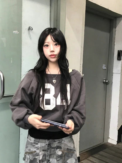 84 Raglan Off-Shoulder Crop Sweatshirt (Ink Grey)