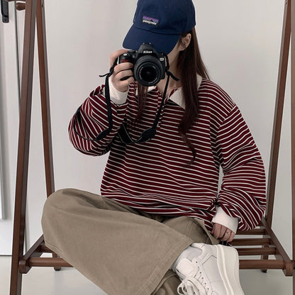 Collar striped long-sleeve top