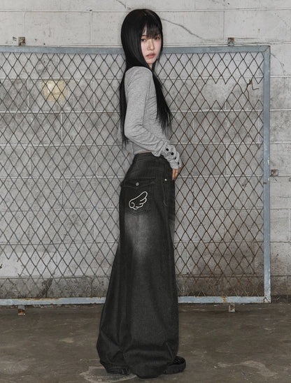 [LOOXP] Angel Wing Washed Back Pocket Balloon Wide Denim Pants Black Denim
