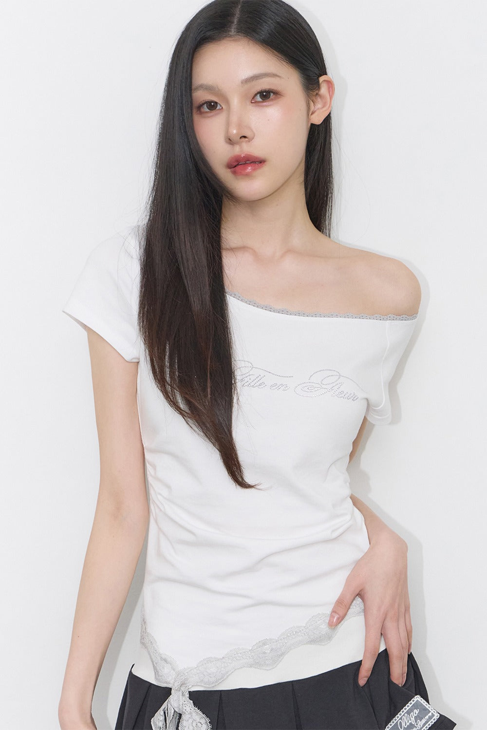 [ILLIGO]  Lace One-Shoulder Shirred Top (3 Colours)