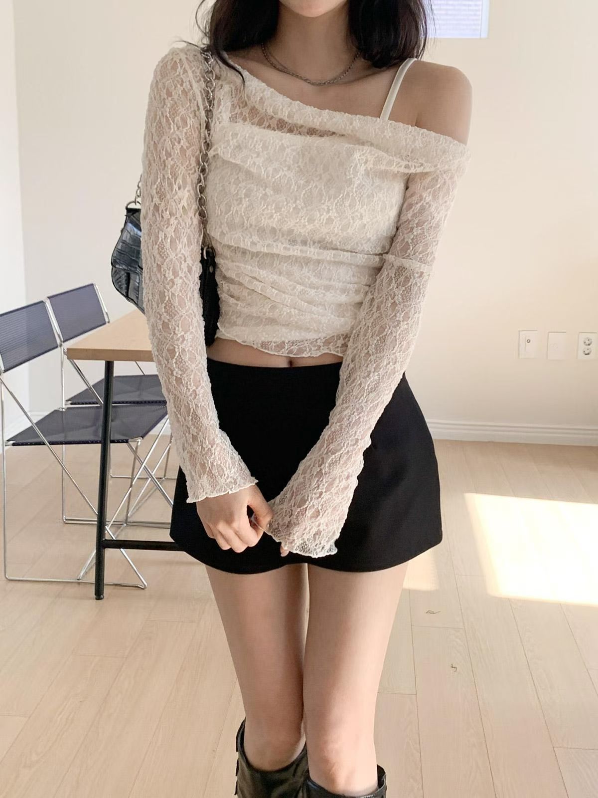 Off shoulder lace tank top set