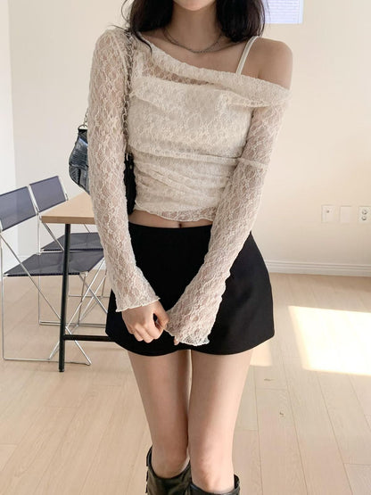 Off shoulder lace tank top set