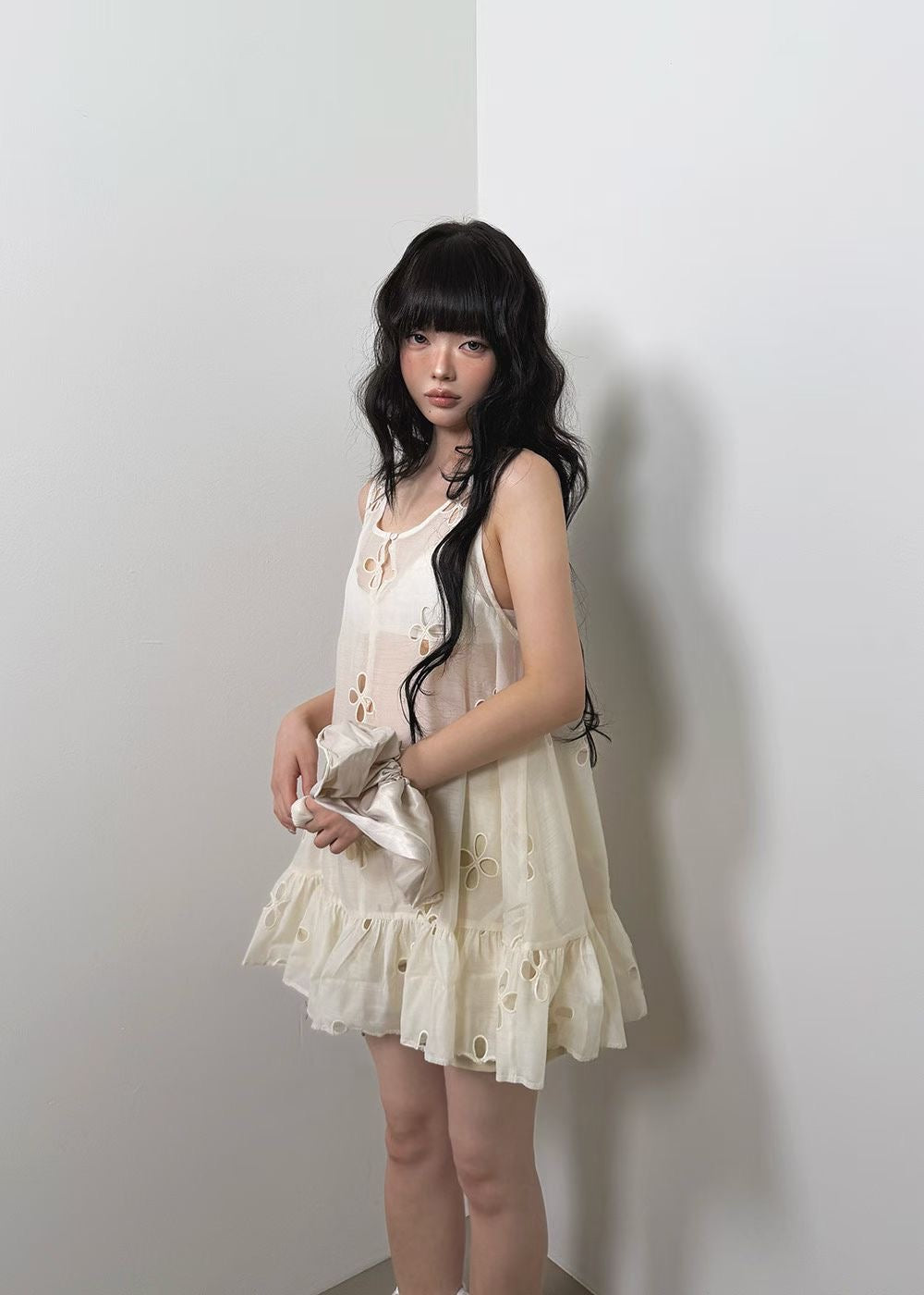 High End Sheer Floral Detail Ruffle Hem Dress Ops
