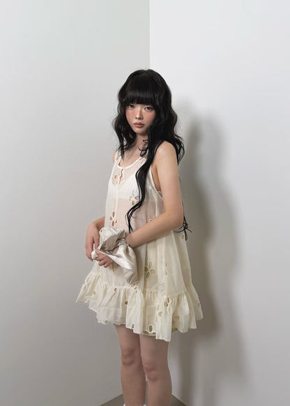 High End Sheer Floral Detail Ruffle Hem Dress Ops