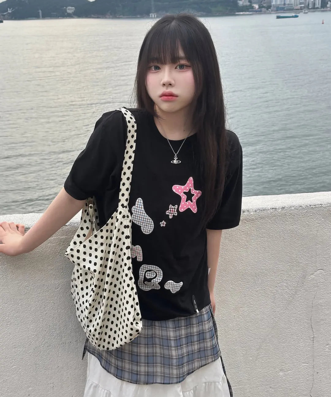 [Ambler] Angel & Star Elements Check Patch Short Sleeve T-shirt (Oversized/ Crop/ 2 Colours)