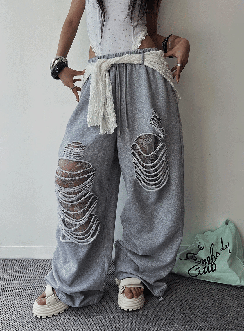 High End Damaged Lace Wide Fit Jogger Pants (3 Colours)